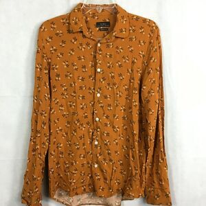 Zara Shirt Women Sz M Rust Orange Floral Regular Fit Long‎ Sleeve Button Up